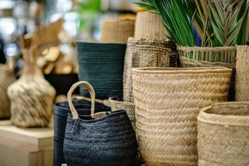 Variety of woven baskets and planters.  Assortment of natural and dark-toned baskets, bags, and planters displayed on shelves.  Close-up view, showcasing textures and patterns