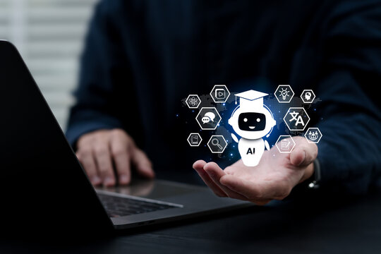 AI Education technology concept. A man use Artificial Intelligence to Learn lessons and online webinars successfully in modern digital learning, Courses to develop new skills. E-learning, Generate.