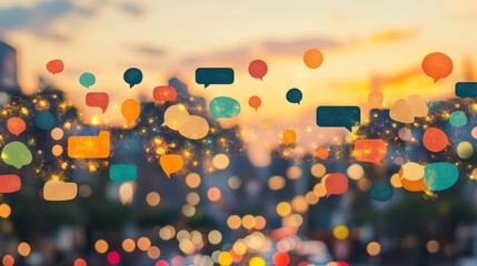 Abstract cityscape at sunset with colorful speech bubbles and bokeh lights. Warm tones and a hazy, dreamy atmosphere. Perfect for concepts related to communication, connection, and social media.