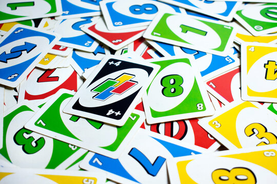 Lopburi Province, Thailand, april 24, 2025. Uno card game, Free time activities A lot of Uno card games are piled up on the floor.