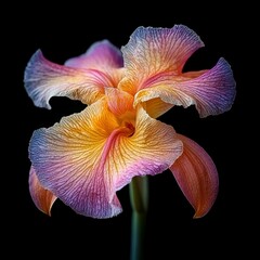 Vibrant close-up of a pink and orange iris flower against a dark background.