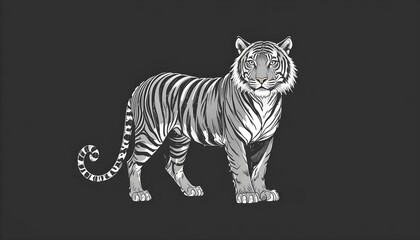 Fototapeta premium A striking illustration of a white tiger, its intricate stripes clearly defined against a deep dark gray background.