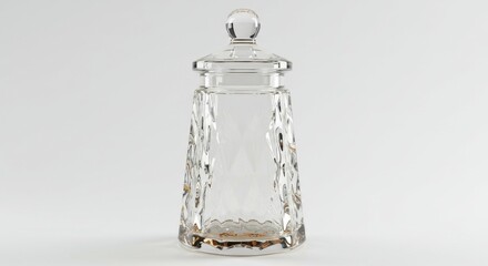 Elegant clear glass jar with diamond pattern lid isolated white background