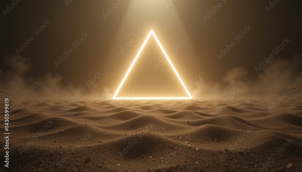 Poster illuminated triangle structure in desert landscape digital art ethereal environment surreal viewpoin