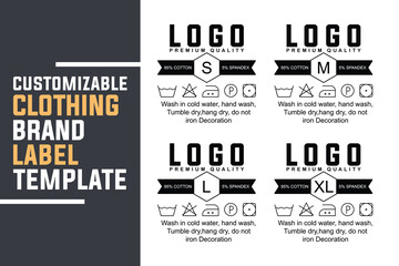 Customizable Clothing Neck Label Template with Size Tags, Fabric Content, and Laundry Symbols. Editable Fashion Branding Design