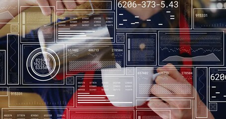 Barista pouring coffee on wooden counter, digital technology overlay displaying analytics charts - Powered by Adobe