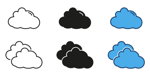 Cloud weather forecast line and solid icon set. Cloud shape and meteorology symbol collection. Isolated vector illustration