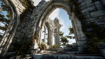 Naklejka premium Ancient stone ruins stand majestically against the sky, overgrown with greenery, revealing layers of history and architectural grandeur in a captivating scene.