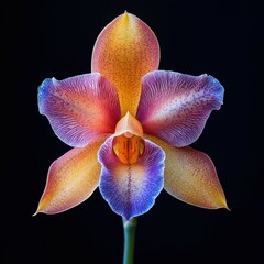 Vibrant orange and purple orchid flower against a dark background.
