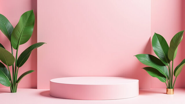 pink pedestal features metallic accents tropical greenery showcasing products sleek contemporary style