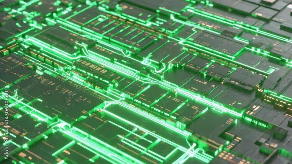 Poster abstract circuit board design with glowing lines.