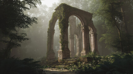 An ancient stone archway covered with ivy stands majestically in a misty forest, hinting at forgotten histories and inviting exploration of nature's mysteries.