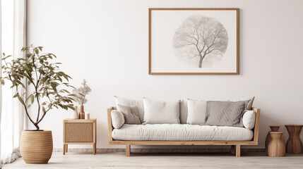 Modern Minimalist Living Room Interior Beige Sofa Wooden Accents Tree Artwork