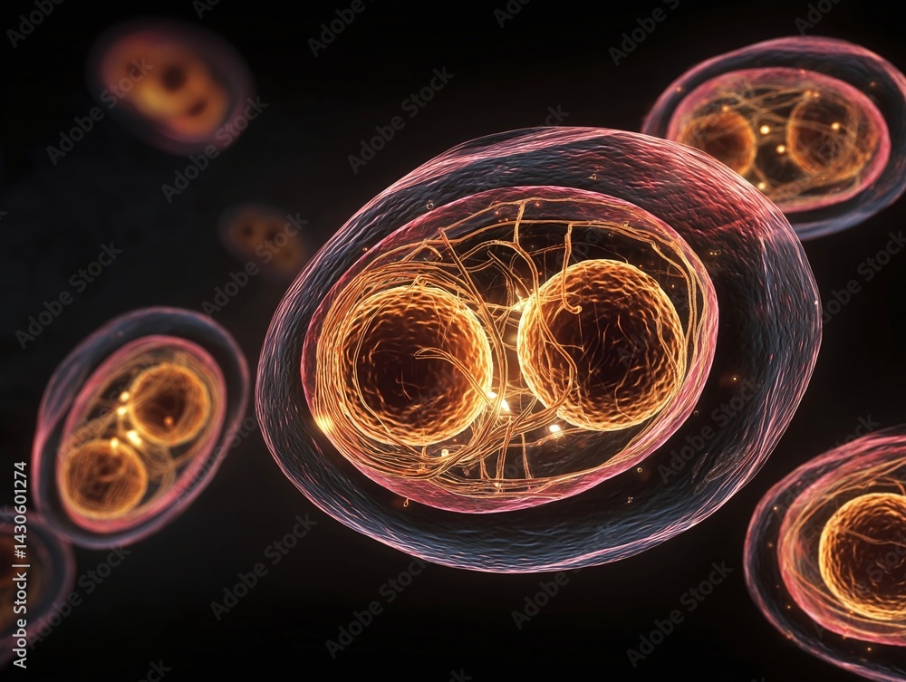 Poster abstract representation of glowing cells in a dark background, illustrating cellular division and ac