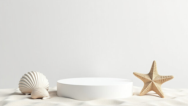 alist empty podium features sea shells starfish plain white beach backdrop ideal cosmetic product displays generated ai