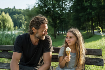 Obraz premium Father and daughter sitting on a bench in the park with ice cream, smiling and talking, natural background, bright sunny day