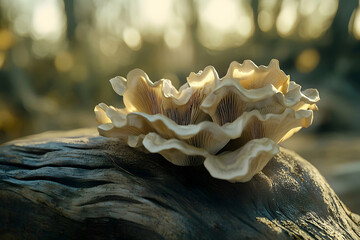 Close-up view of a delicate, light-colored mushroom on a weathered log.
