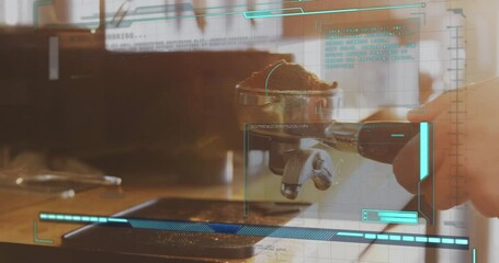 barista hand locking portafilter into group head, while futuristic HUD overlay scanning coffee data - Powered by Adobe