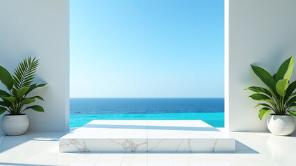 Fototapeta premium beautiful white marble square empty podium sea view sunny summer