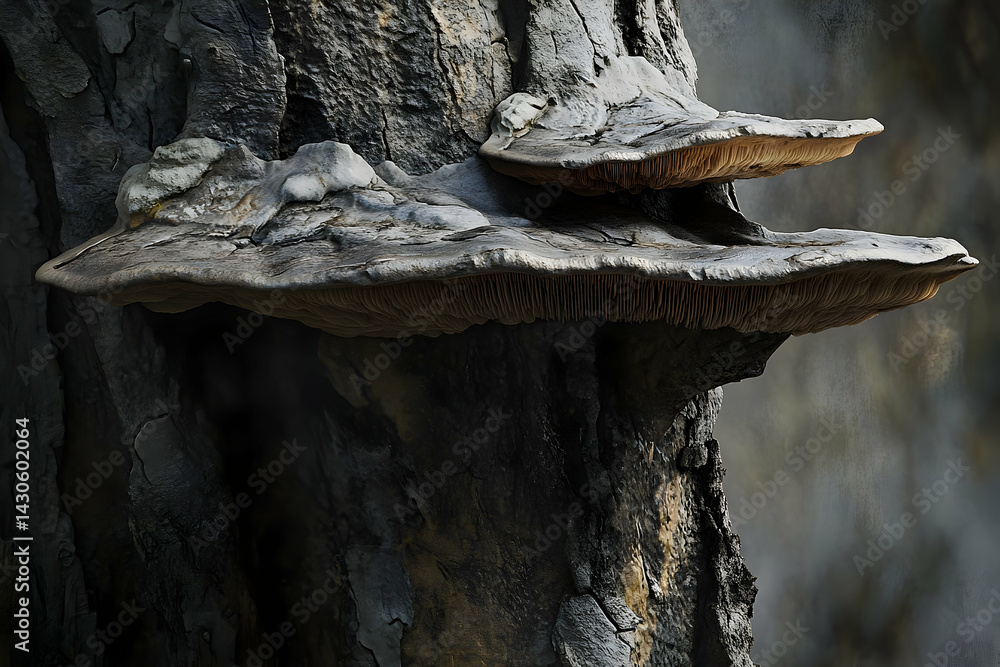 Aufkleber two substantial bracket fungi resting on a rough tree trunk.