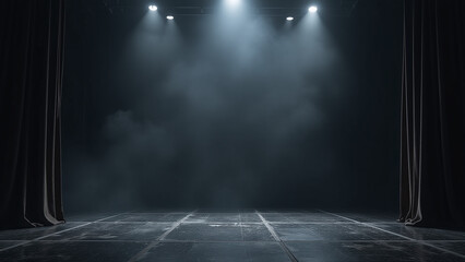 black fog surrounds dark stage empty dramatic backdrop spotlight darkened stage dusty floor