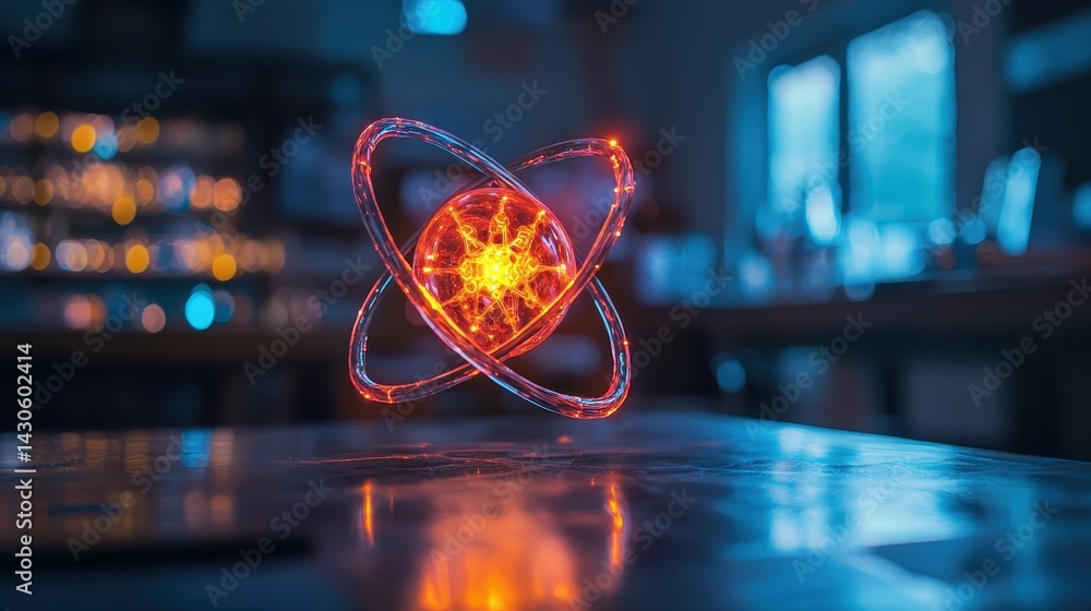 Poster a glowing 3d representation of an atom, symbolizing science and innovation.
