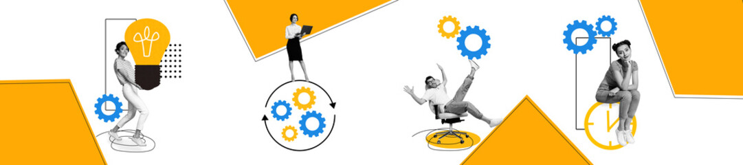 Creative collage of people interacting with abstract design elements for modern business and innovation concepts