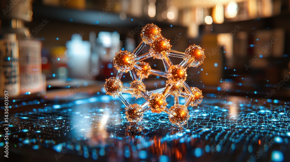 Poster a futuristic molecular model illuminated against a laboratory backdrop with glowing particles.