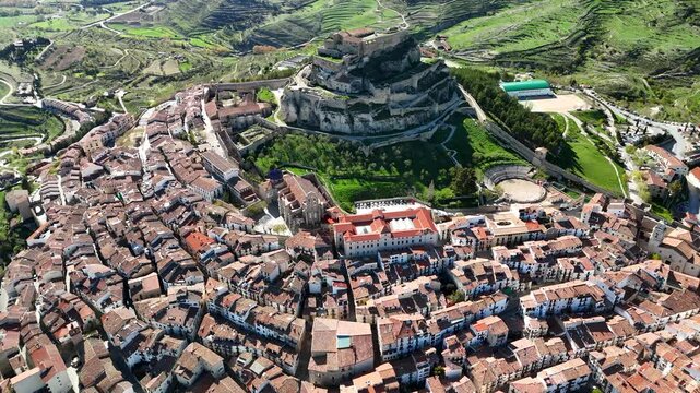 Aerial Drone View of the Medieval Fortress Town of Morella, Valencia, Spain