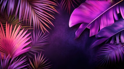 Vibrant neon purple and hot pink palm leaves layered over a dark gradient background: A bold electric summer festival aesthetic with high contrast.