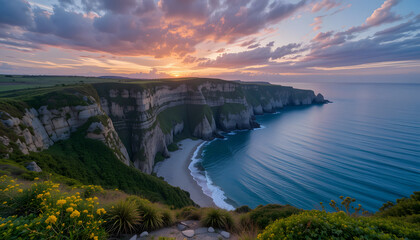 Dramatic coastal cliffs, likely photographed at sunset or sunrise, showcasing towering rock formations meeting the ocean with a colorful sky.