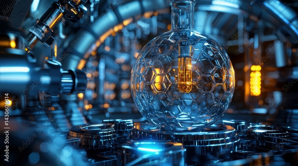 Poster glass laboratory flask glowing in a futuristic setting with intricate metallic details.
