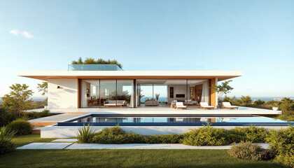Fototapeta premium Panoramic modern summer villa with glass walls, infinity pool, and rooftop terrace under clear sky.