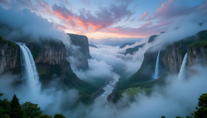Majestic waterfalls cascading into a misty canyon, likely photographed at dawn or dusk, showcasing a dramatic landscape with lush greenery and a winding river
