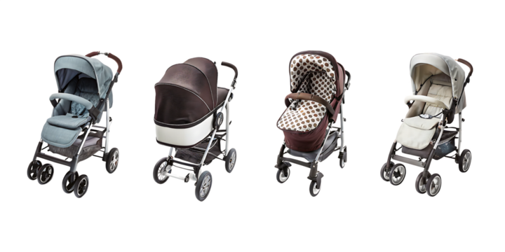 modern set collection of baby stroller pushchair carriage on wheels for babies or children newborn essential care gear in different stylish designs, cutout on isolated transparent png background PNG