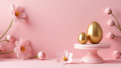 golden eggs pedestal adorn soft pink backdrop elegant flowers delicate details gold pink hues perfectly
