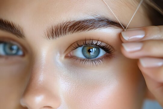 "Close-up of eyebrow threading process, focusing on blue eye and precise hair removal technique"