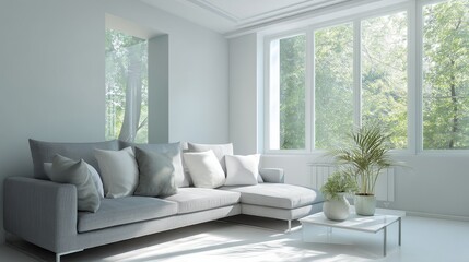 Fototapeta premium Bright living space with minimalist furniture and natural light / Serene simplicity in modern home design