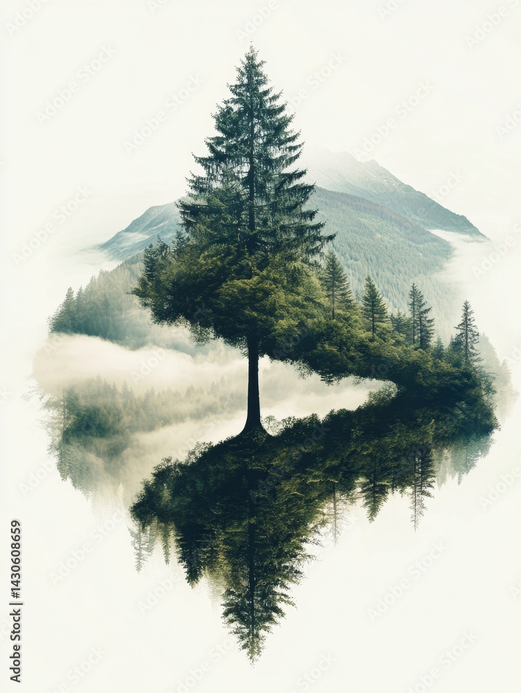 Poster creative tree shape blending into mountains and misty woods in a nature harmony concept generative a