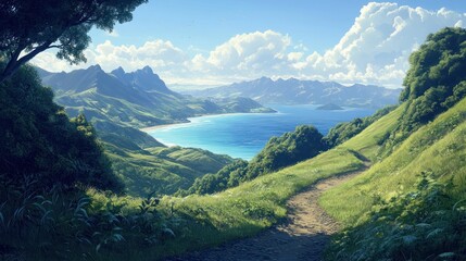 Fototapeta premium Scenic coastal path, lush hills, tranquil bay, sunny sky, travel brochure