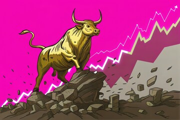 A stylized bull stands triumphantly on rocks against a vibrant pink background, symbolizing market strength and upward trends.