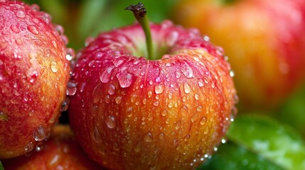 Fresh red apples with water droplets, vibrant against green foliage. Nature's crisp bounty in morning light.
