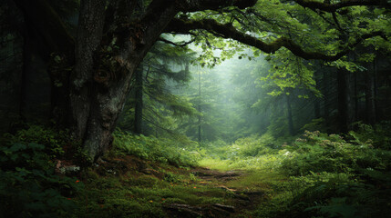 Fototapeta premium An old tree looms over a forest path with fog shrouded evergreens casting shadows across the lush vegetation creating a tranquil and enchanting scene in nature.