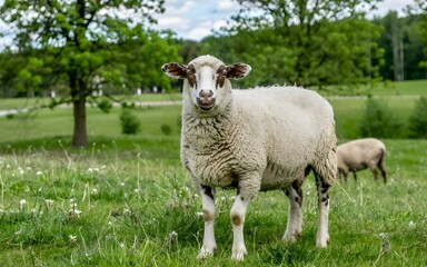 Fototapeta premium A charming image of a sheep, its face looking directly at the camera, standing amidst a vibrant green meadow dotted with wildflowers.