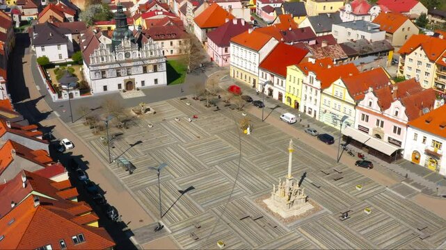Aerial view to historic center of Stribro town. Medieval city from 12th century. It has about 8,100 inhabitants. Amazing tourist destination near Slavkovsky les. Czech Republic, Central Europe.