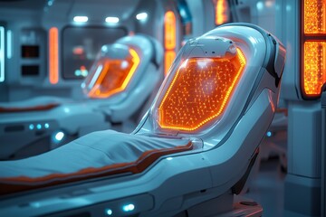 Futuristic medical pods, glowing lights, healing