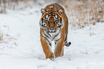 Obraz premium Bengal Tiger Strides Confidently Forward With a Strong Gaze Against a White Studio Background Generative AI