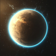 Obraz premium A planet in space that is a sublte beige colour with a bright blue aura glow around it