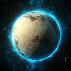 Obraz premium A planet in space that is a sublte beige colour with a bright blue aura glow around it