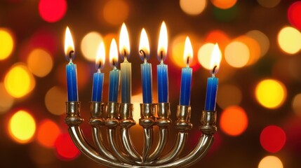 illuminated menorah candles embodying hanukkah celebration and jewish tradition against a vibrant backdrop of multicolored bokeh lights